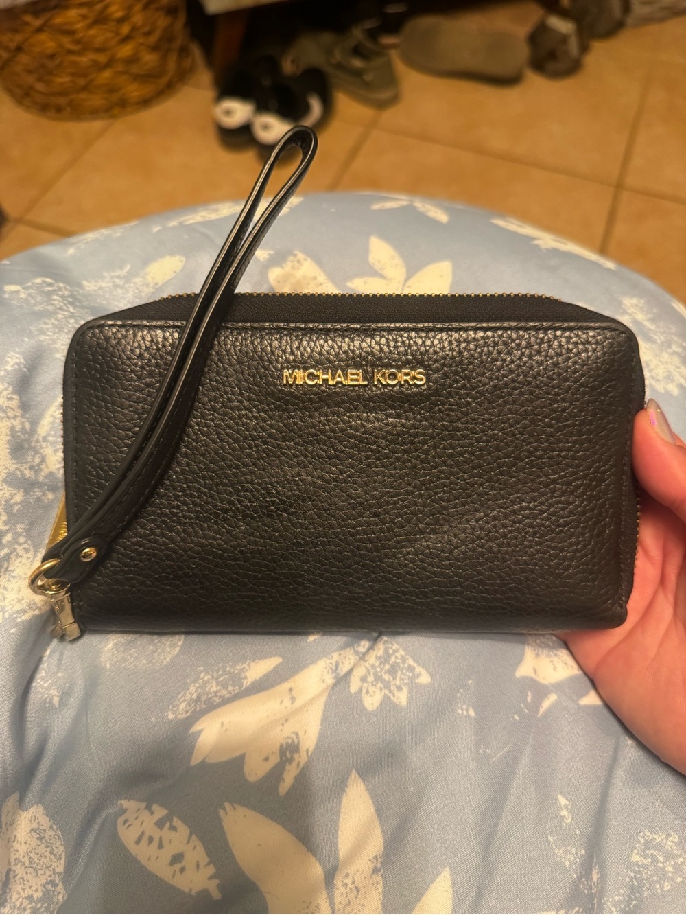 Michael Kors Black Pebbled Leather Wristlet with Gold Logo